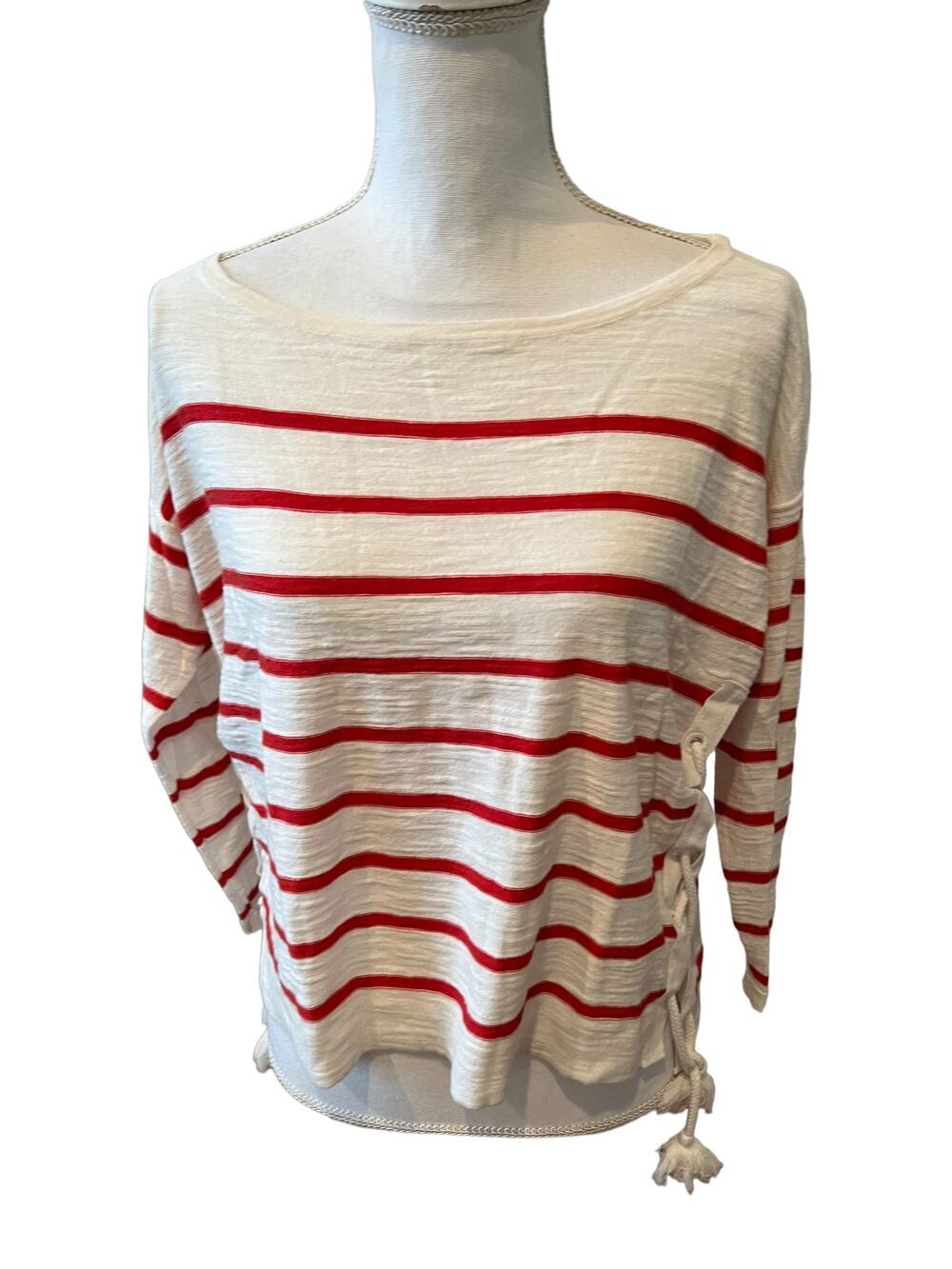 LOFT Nautical Laced Long Sleeve Top Red White Stripe S